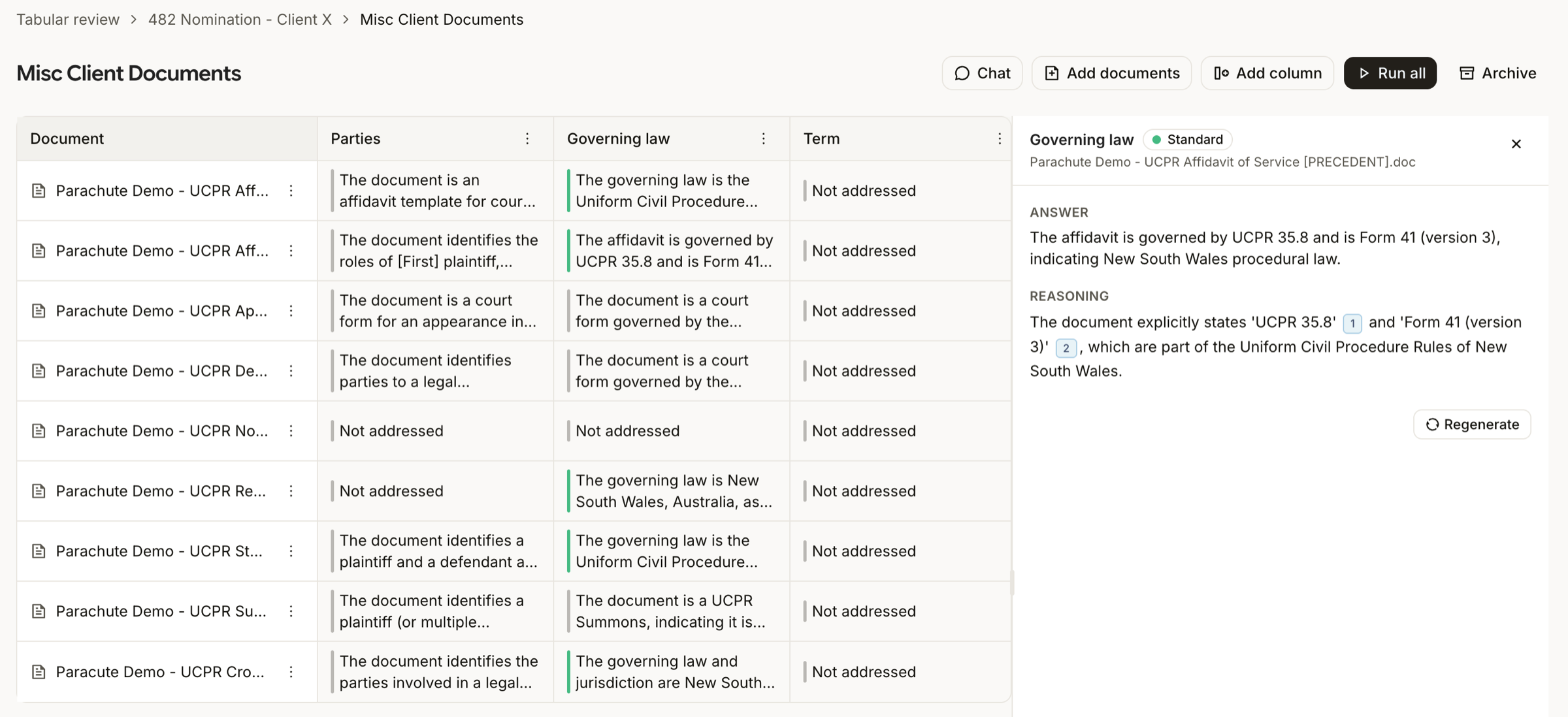 Tabular review showing a grid of UCPR documents with parties and governing law columns, and a cell detail panel on the right